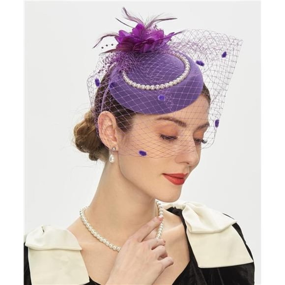 PILLBOX Hats 20s 50s Vintage Fascinators for Women E1-purple - Picture 3 of 7